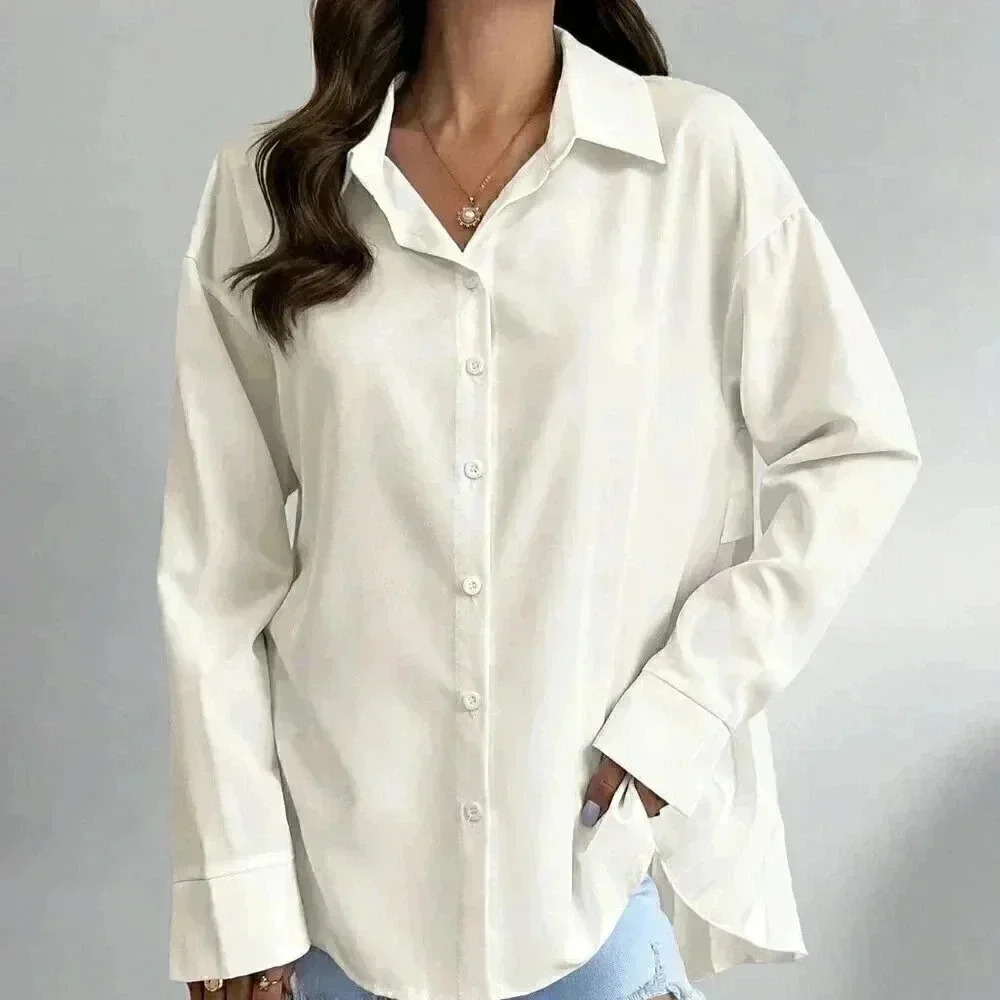 Apricot Casual Women's Solid Color Drop Shoulder Long Sleeve Back Pleated Shirt - Picture 1 of 5